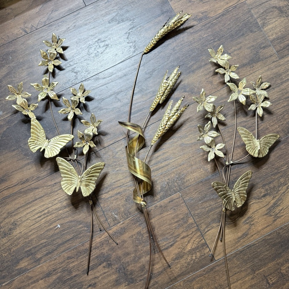 Vtg Homco Brass Metal Butterfly Flower Wheat Wall Art Set MCM Home Interiors 3